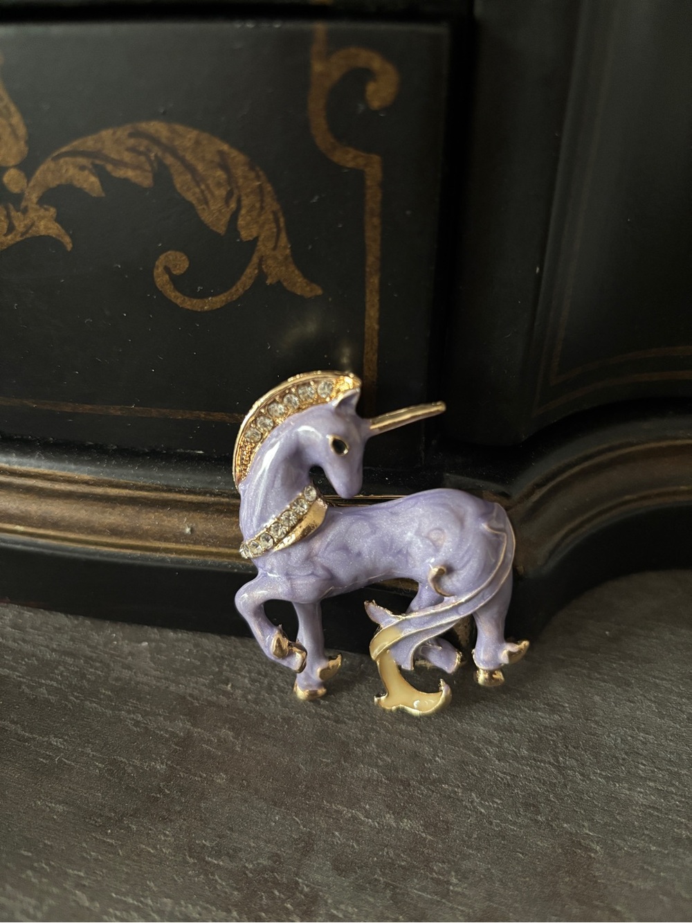 Betsey Johnson Lavender Unicorn Brooch with Gold and Crystal Accents